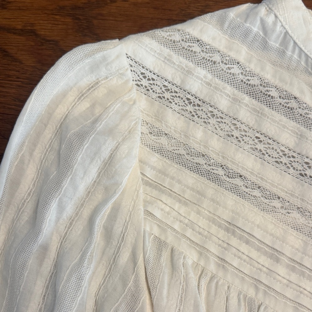 Zara Cream Button-Up Textured Lace Yoke Blouse - Picture 3 of 5